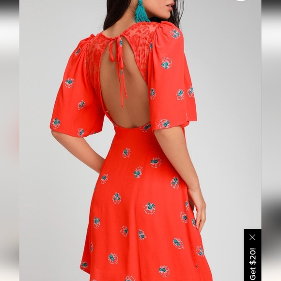 Free People Mockingbird Coral Red Floral Backless Mini Dress Size 4 Plunging V - Picture 10 of 12